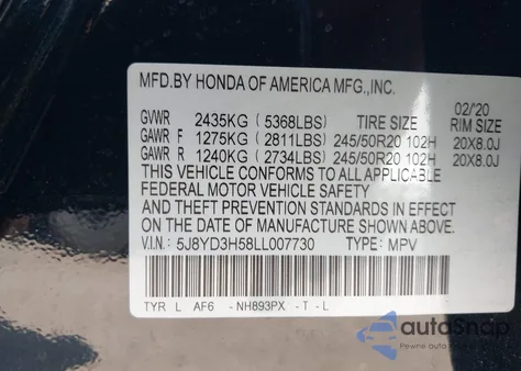 2020 Acura Mdx Technology Package from USA, damaged, VIN 5J8YD3H58LL007730